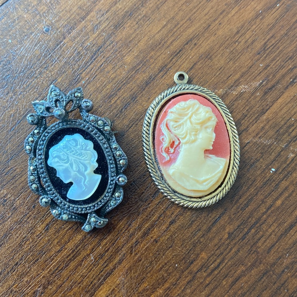 Set of two vintage cameos; pin + necklace pendant
